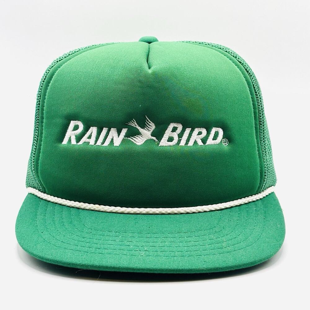 Vintage Rain Bird Trucker Hat Green Snapback Mesh Rope USA Lawn Irrigation